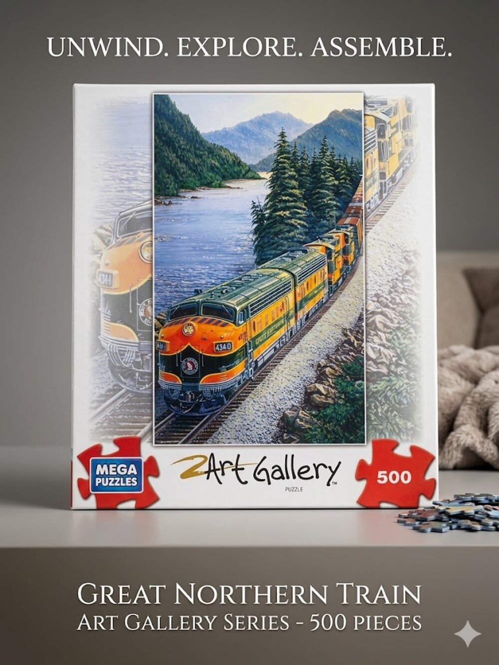 NEW Sealed Mega Puzzles Art Gallery Great Northern Train 500 Piece Jigsaw Puzzle
